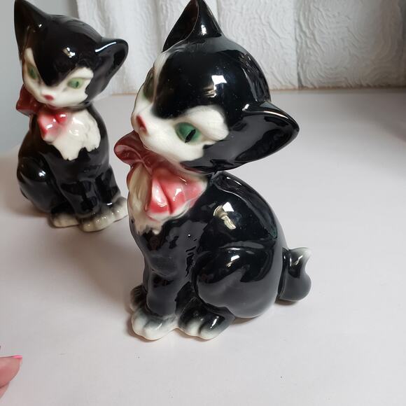 Vintage 50's Ceramic Figaro Cat Statues Figurines Black White Tuxedo Pink Bows - Picture 4 of 10